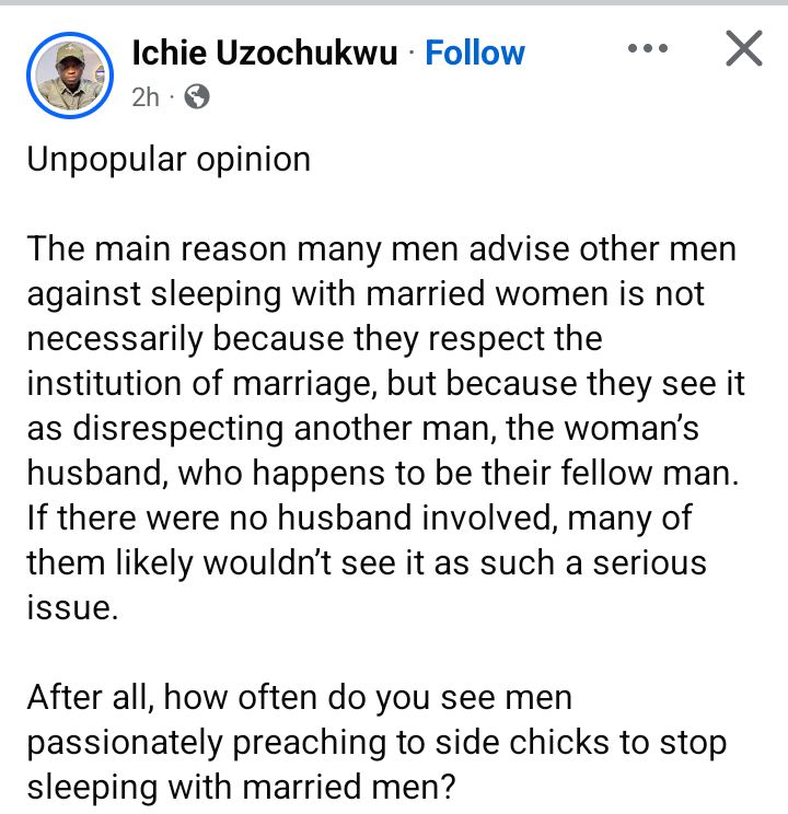 Nigerian man shares his opinion on the "main reason" men advise against sleeping with married women