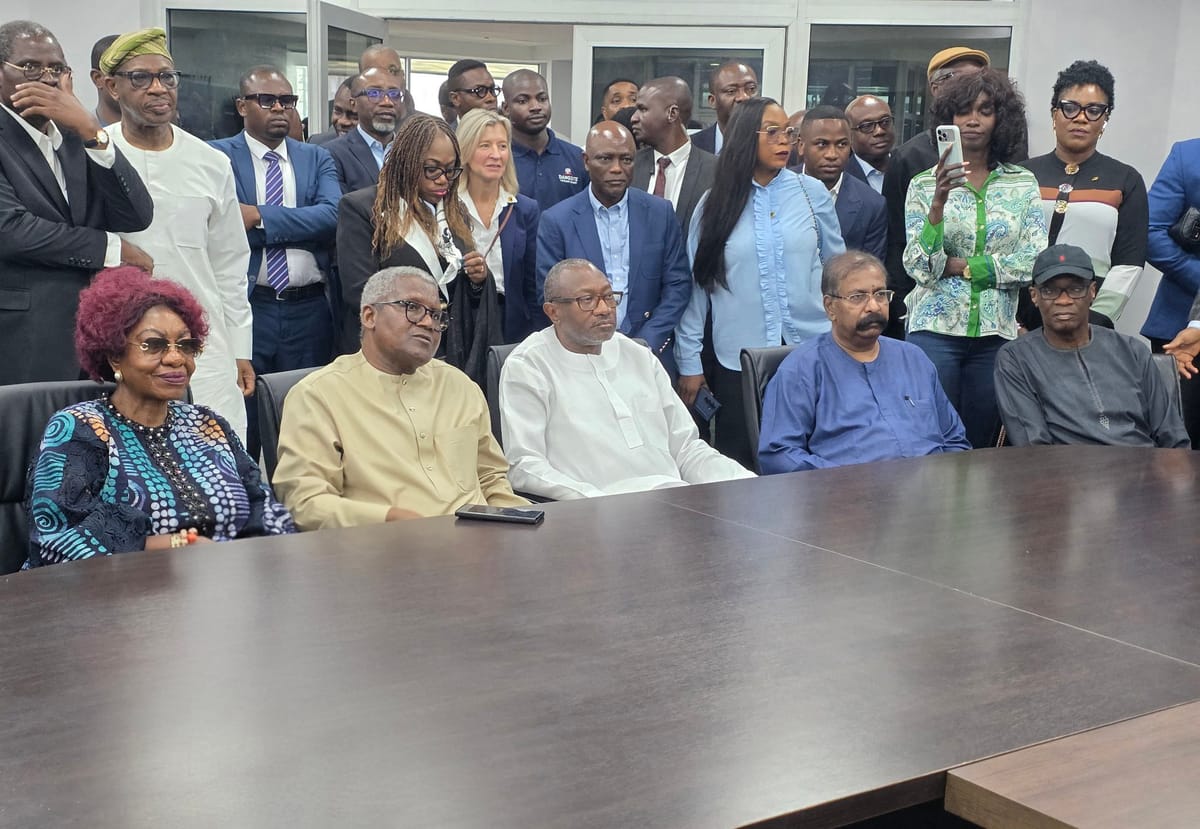 Aliko Dangote (left) welcoming Femi Otedola and First HoldCo executives to the refinery.
