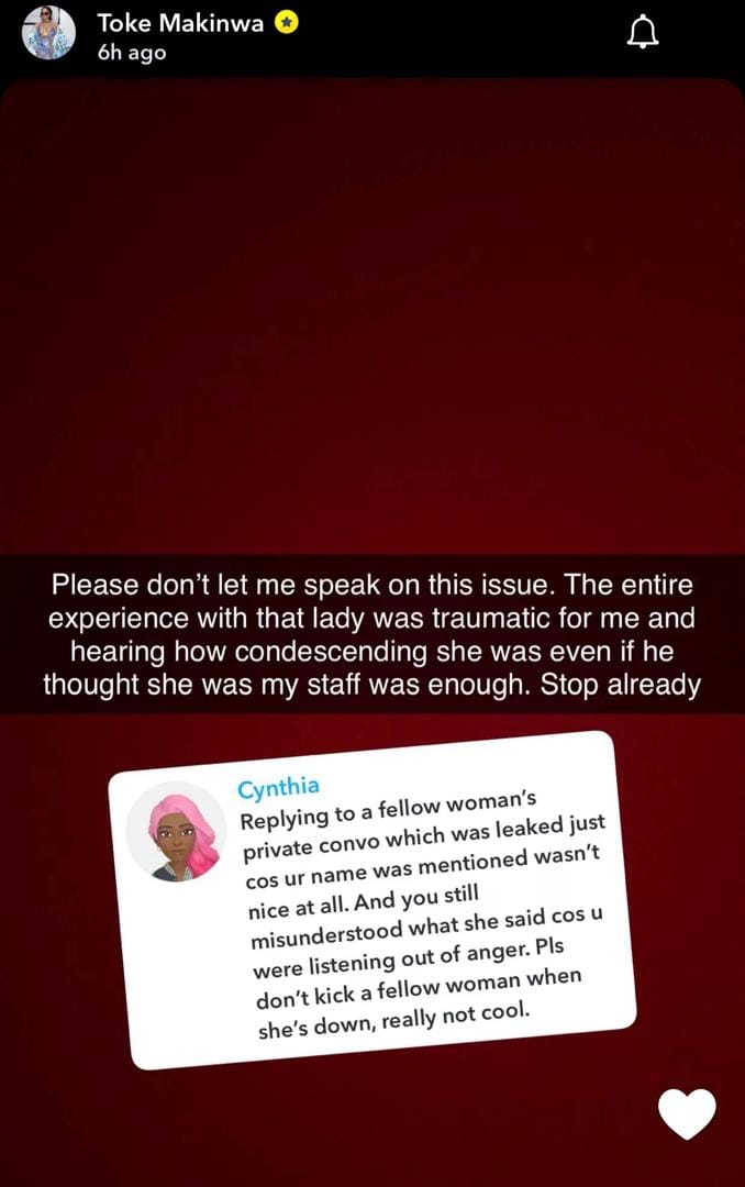 Sandra Edoho and Toke Makinwa's drama unfolds