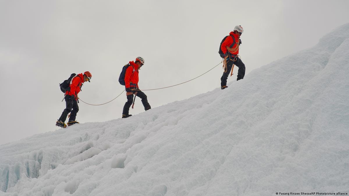 A long queue of climbers near the summit of Mount Everest