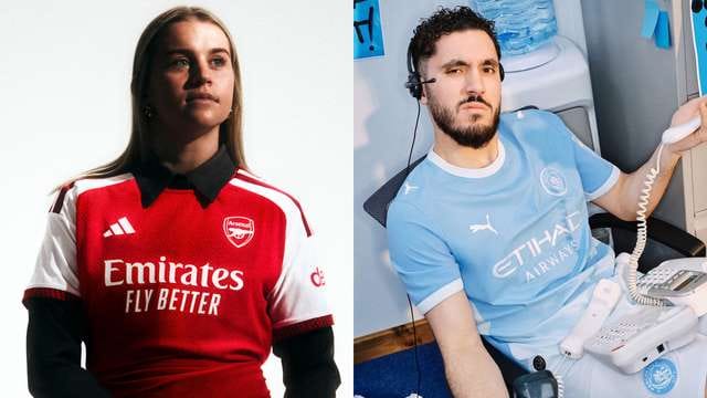 Arsenal and Manchester City's latest football jerseys for the upcoming season.