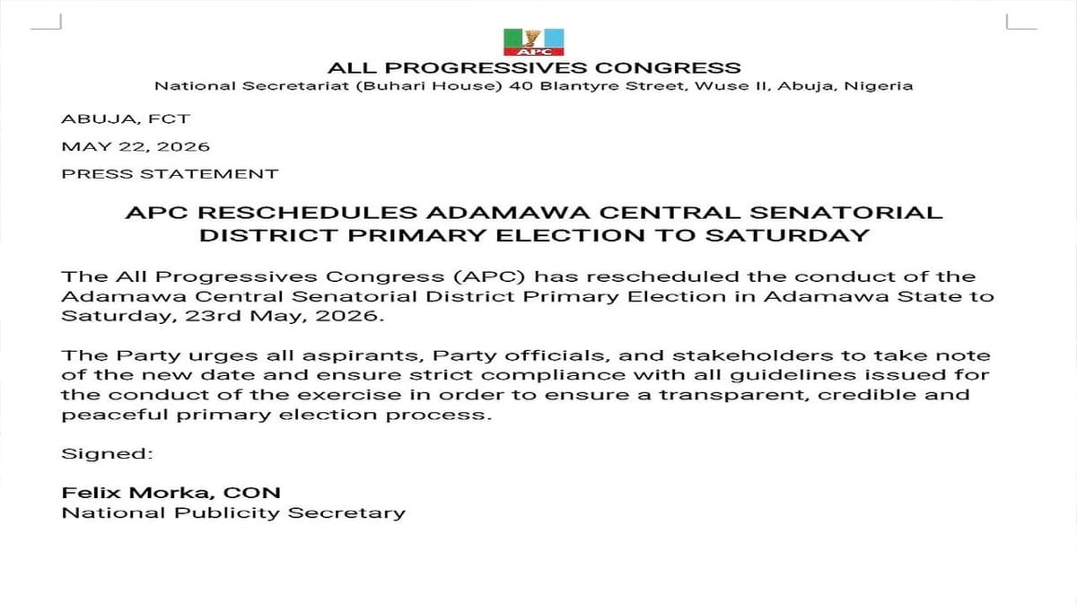 Adamawa Central APC primary rescheduled for May 23
