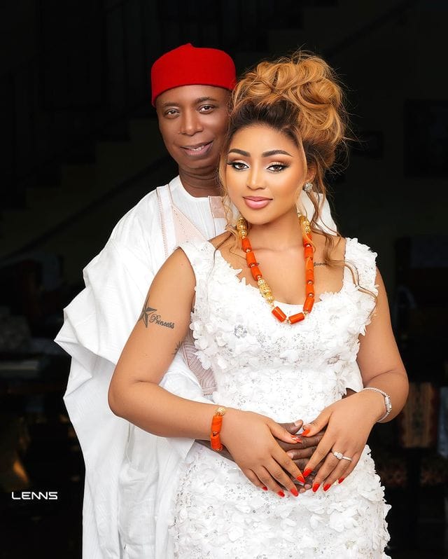 Ned Nwoko and Regina Daniels in matching traditional outfits