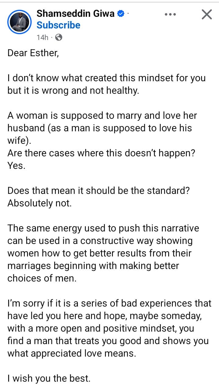 Marriage therapist reacts after Nigerian woman advised women not to love their husbands but view them as partners