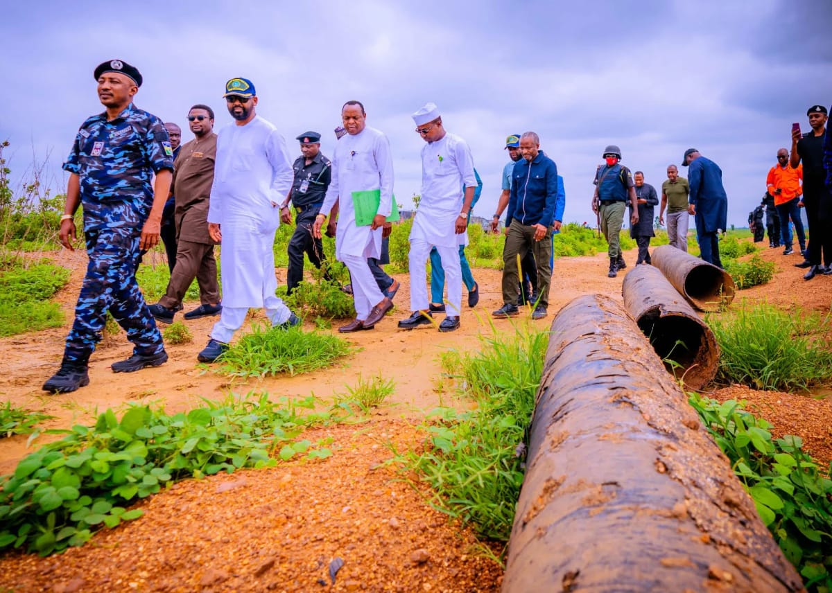 Stakeholders from the NNPC Ltd's Industry Wide Security Architecture, Nigerian Pipelines & Storage Company, Office of the National Security Adviser, FCT Police Command, the Nigerian Army and other security stakeholders, conducting a joint inspection of a vandalized section of the NPSC crude oil pipeline at Pai Community in Kwali Area Council of the FCT, in Abuja, on Tuesday