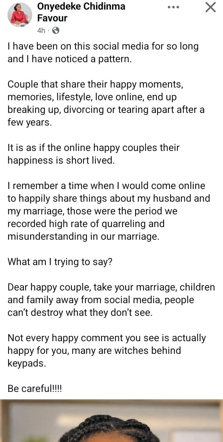 The woman's warning to couples to keep their marriages off social media