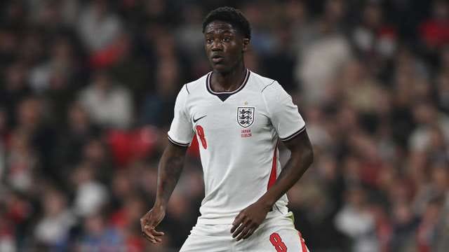 Kobbie Mainoo representing England in an international friendly match.