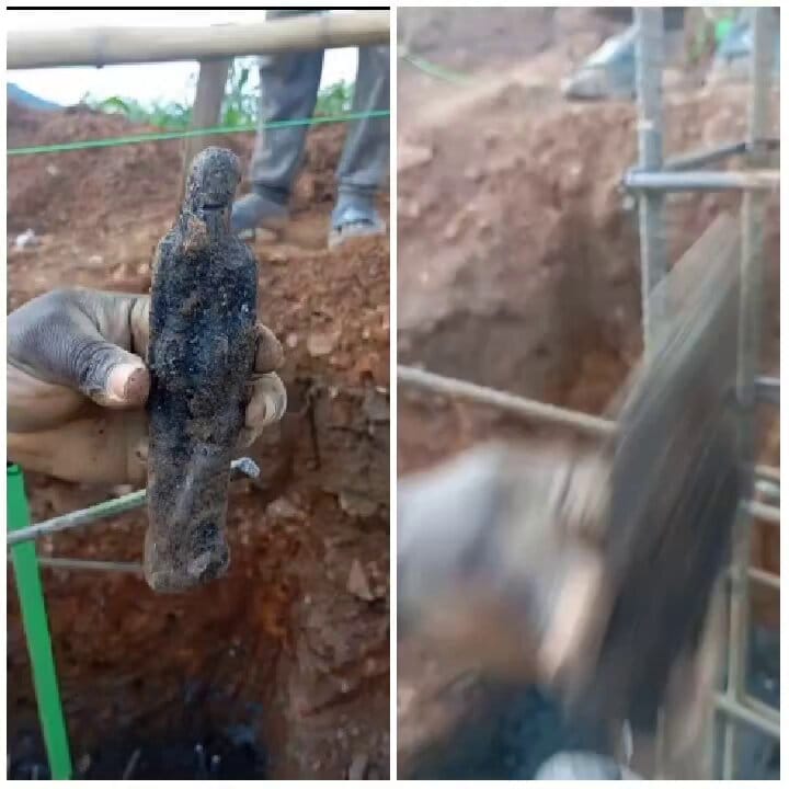 Construction workers claim they dug up a juju doll covered with pins and buried at a building site. 