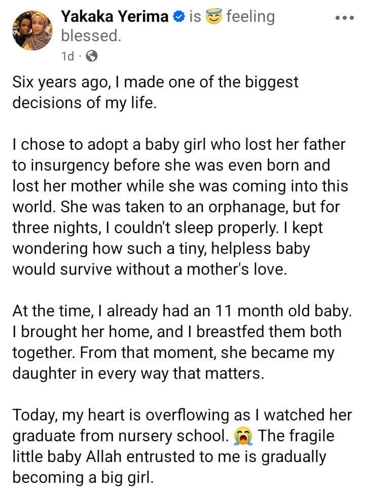 Yakaka Yerima's Facebook post celebrating her adopted daughter's graduation