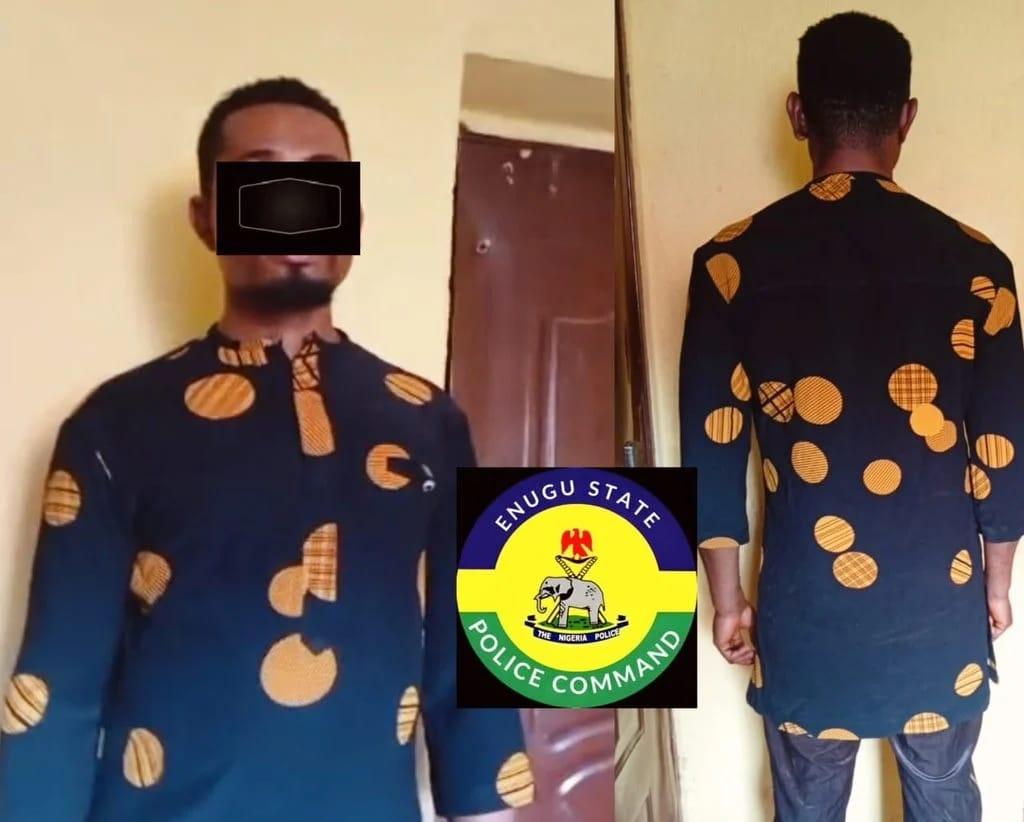 Okpara Emmanuel, the suspect, in police custody as captured by Enugu Police.