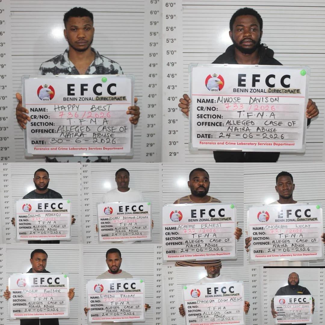 Mugshots or an arranged photograph of the ten individuals convicted for naira abuse, as released by the EFCC.