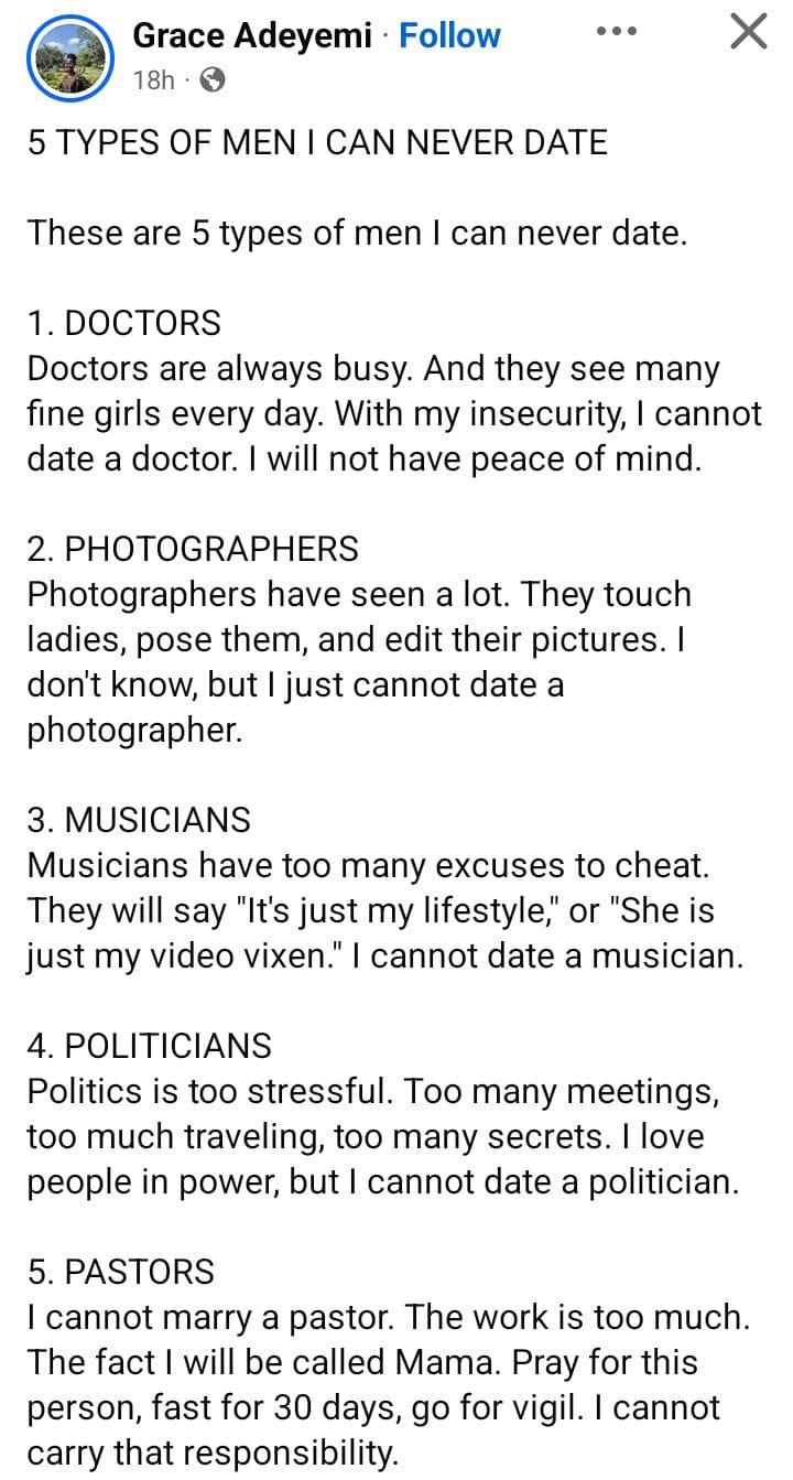 A woman expressing her thoughts on ideal partners and professions she would avoid.