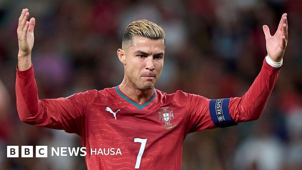 Cristiano Ronaldo in his Portugal national team kit during a match.