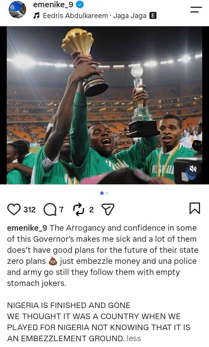 A visual representation of Emmanuel Emenike's strong stance against Nigerian state governors.