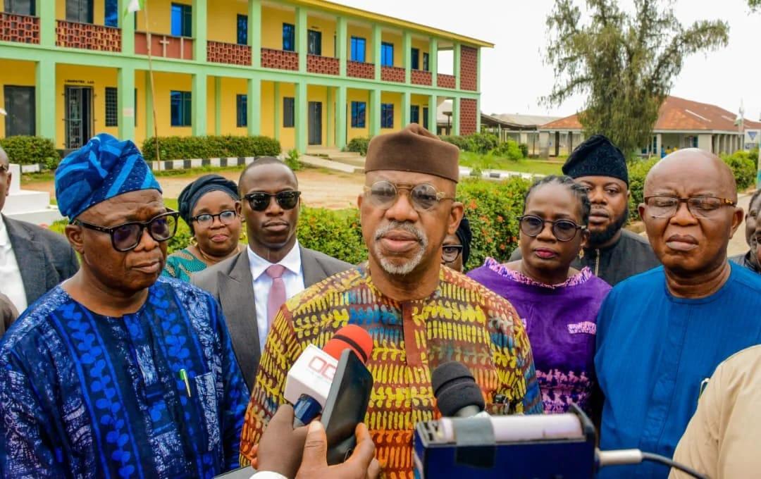 Ogun State Governor, Prince Dapo Abiodun (centre), with Commissioners for Education, Health, and Environment during a visit to Our Lady of Apostles Secondary School, Ijebu-Ode, to assess the chemical inhalation incident.