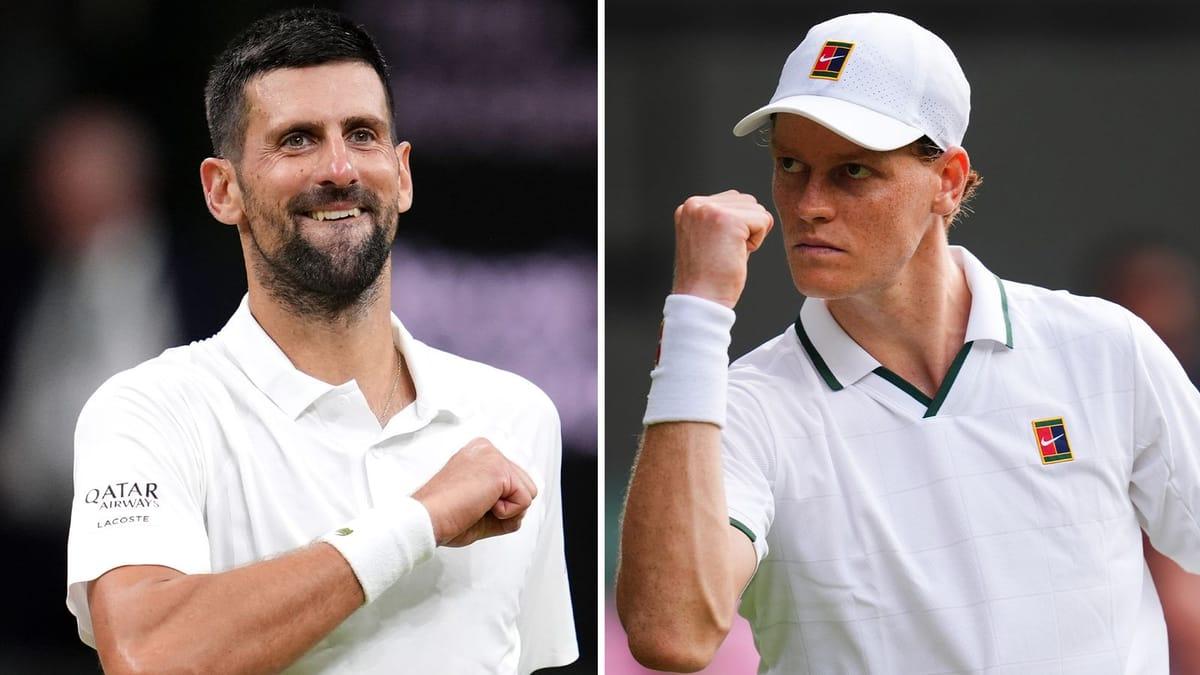Novak Djokovic and Jannik Sinner during a professional tennis match at Wimbledon.