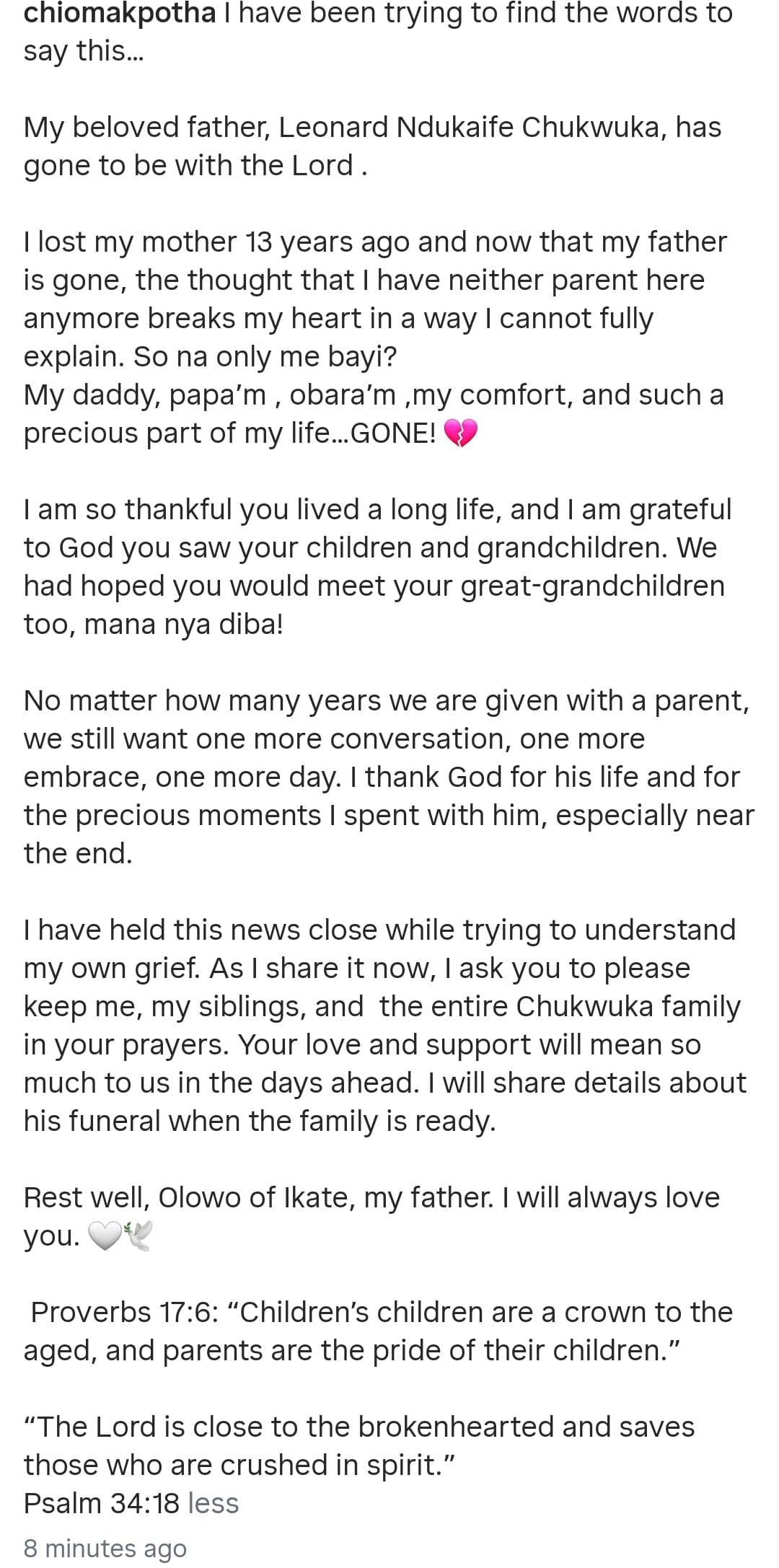 Nollywood star Chioma Chukwuka mourns the loss of her beloved father, Leonard Ndukaife Chukwuka.