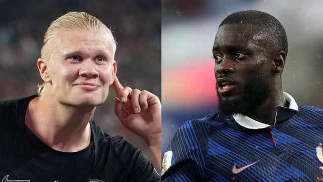 Visual representation of the upcoming clash featuring Erling Haaland and Dayot Upamecano.