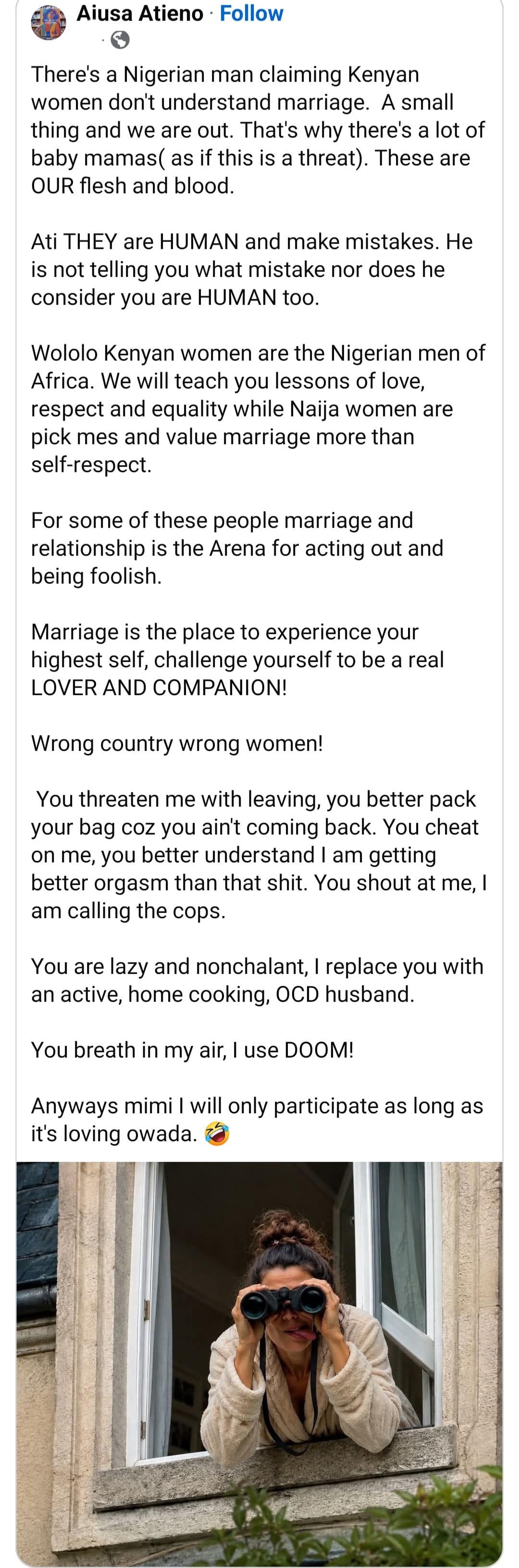 A social media post or graphic related to the contentious discussion about Nigerian and Kenyan women's relationship values.