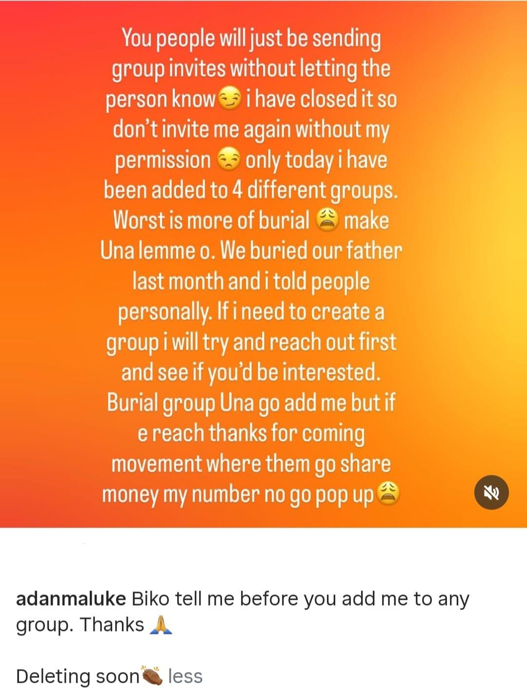 Adanma Luke expressing her displeasure on social media.