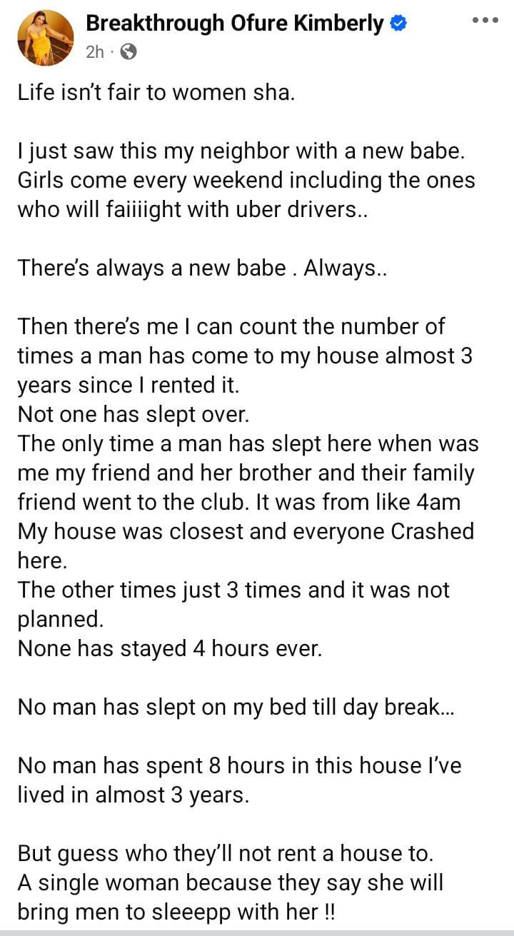 Single Lady Laments Bias in Housing Rules After Observing Neighbor's Frequent Female Visitors