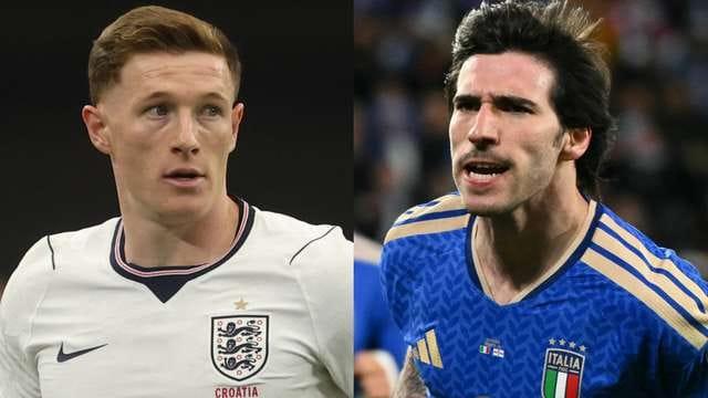 Dual image featuring Elliot Anderson (left) and Sandro Tonali (right), two midfielders linked with top Premier League clubs.