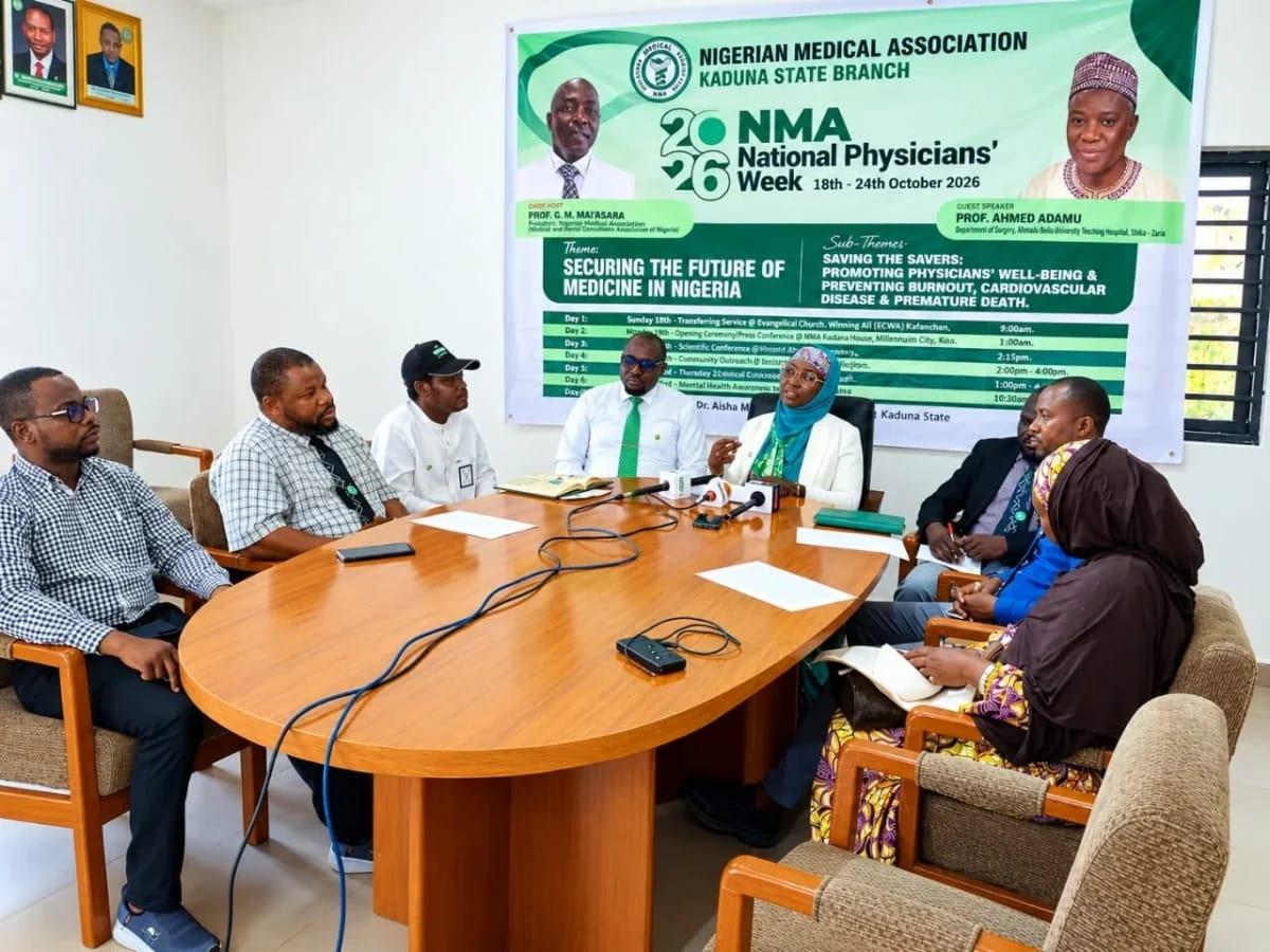 Executives of the Nigerian Medical Association, Kaduna State branch, addressing a press conference about the state's medical workforce challenges.