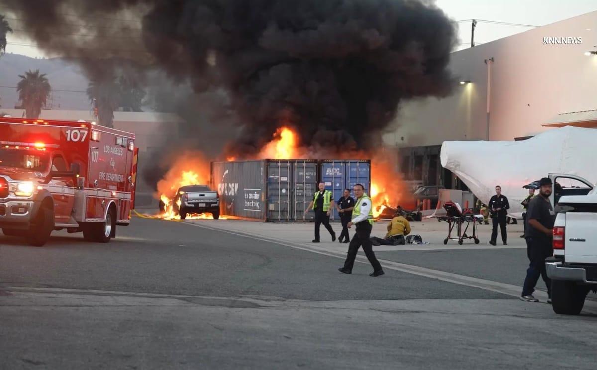 Overview of the tragic scene in Los Angeles, showing the aftermath of both the fatal bus collision and the subsequent helicopter crash.