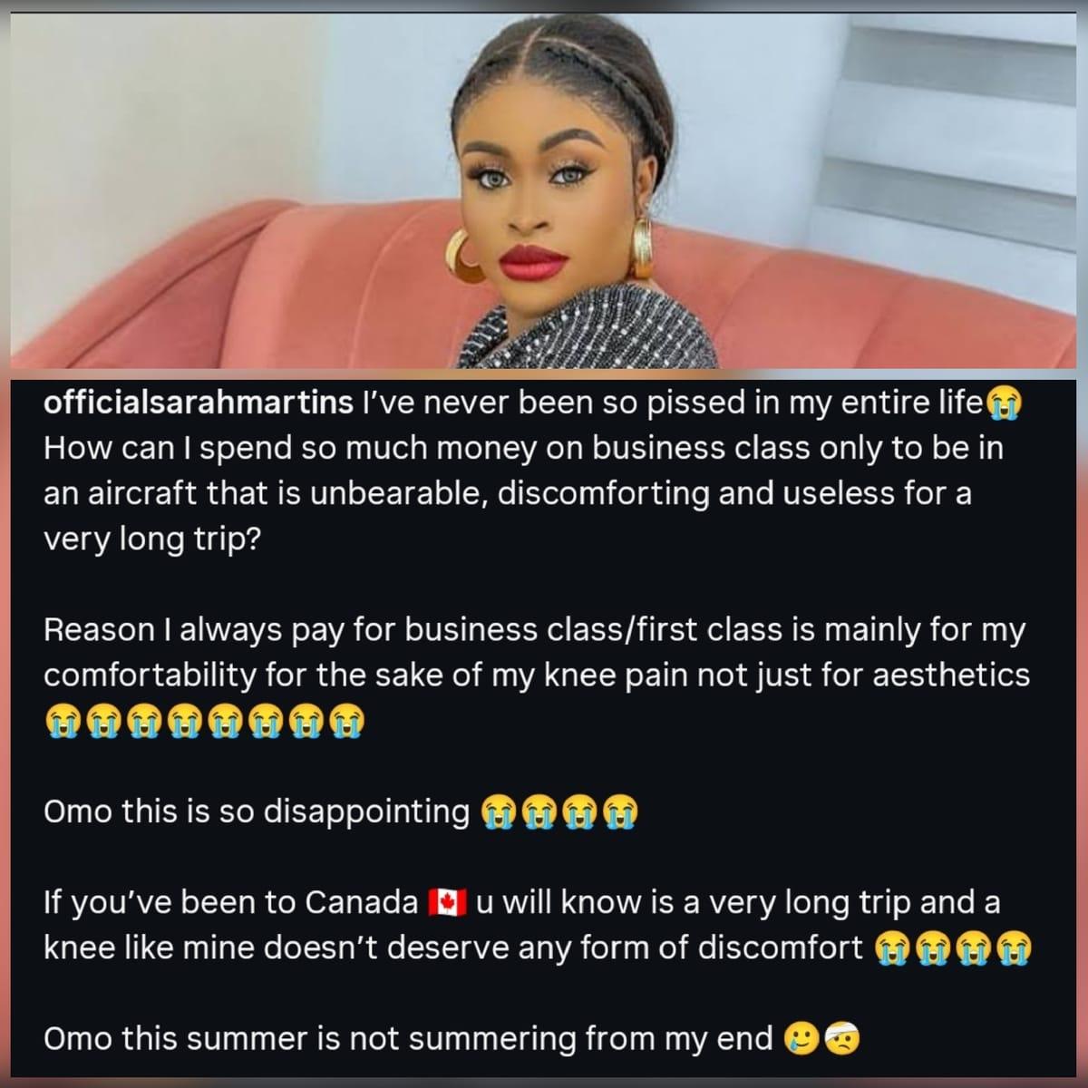Actress Sarah Martins Blasts Uncomfortable Business Class on Canada Trip