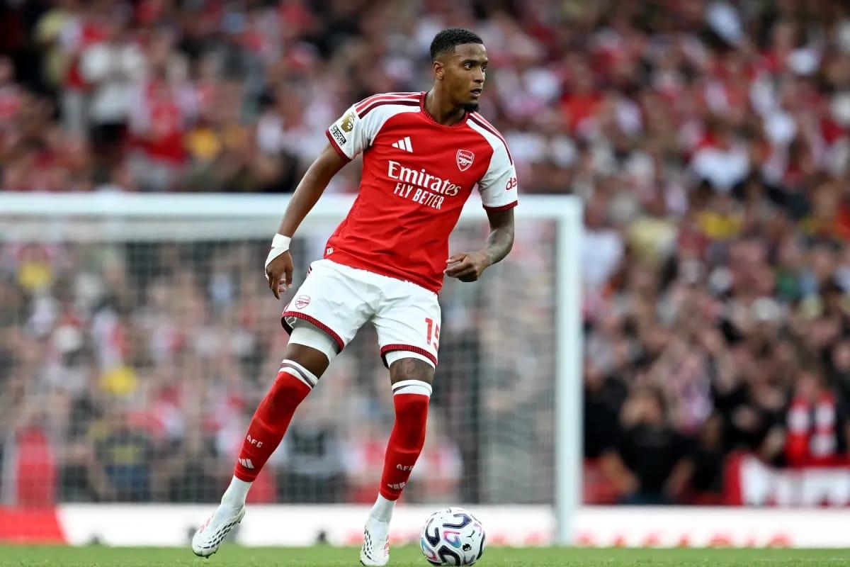 Arsenal defender Ezri Konsa celebrates a moment during the match against Chelsea.