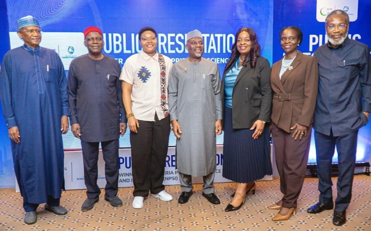 Key stakeholders including Professor Barth Nnaji, Mary-Brenda Akoda (winner), Dr. Maruf Alausa, and Dr. Sophia Horsfall at the public presentation of GenScan AI in Abuja.