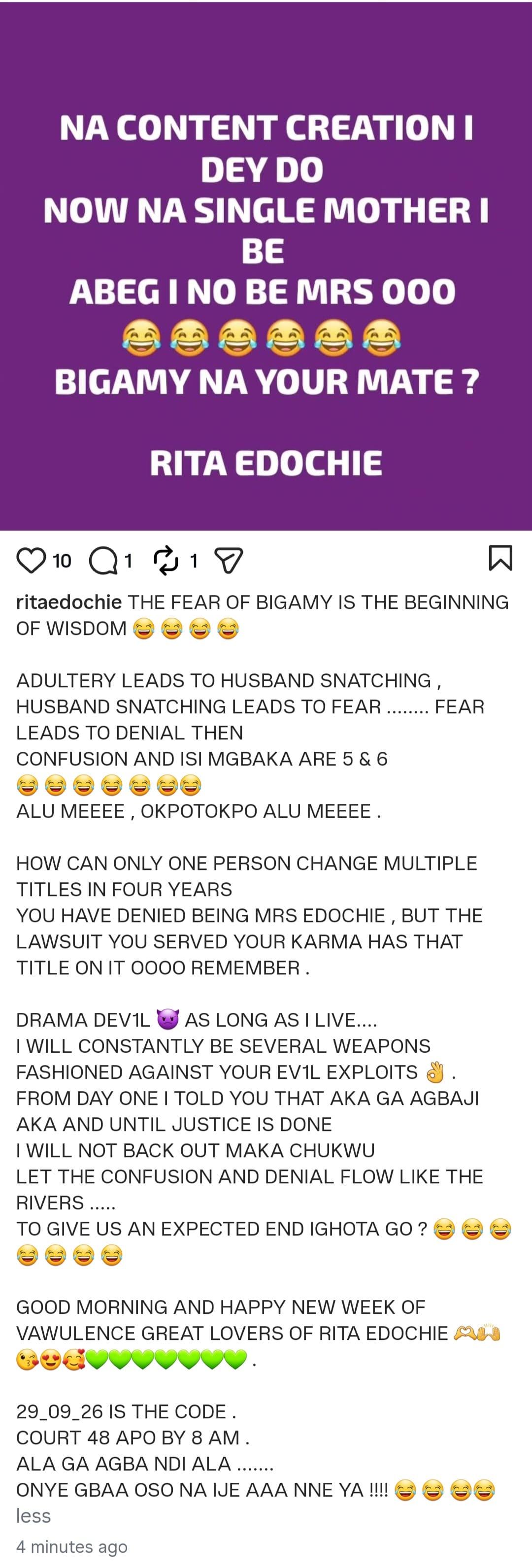 Actress Rita Edochie making a strong statement.