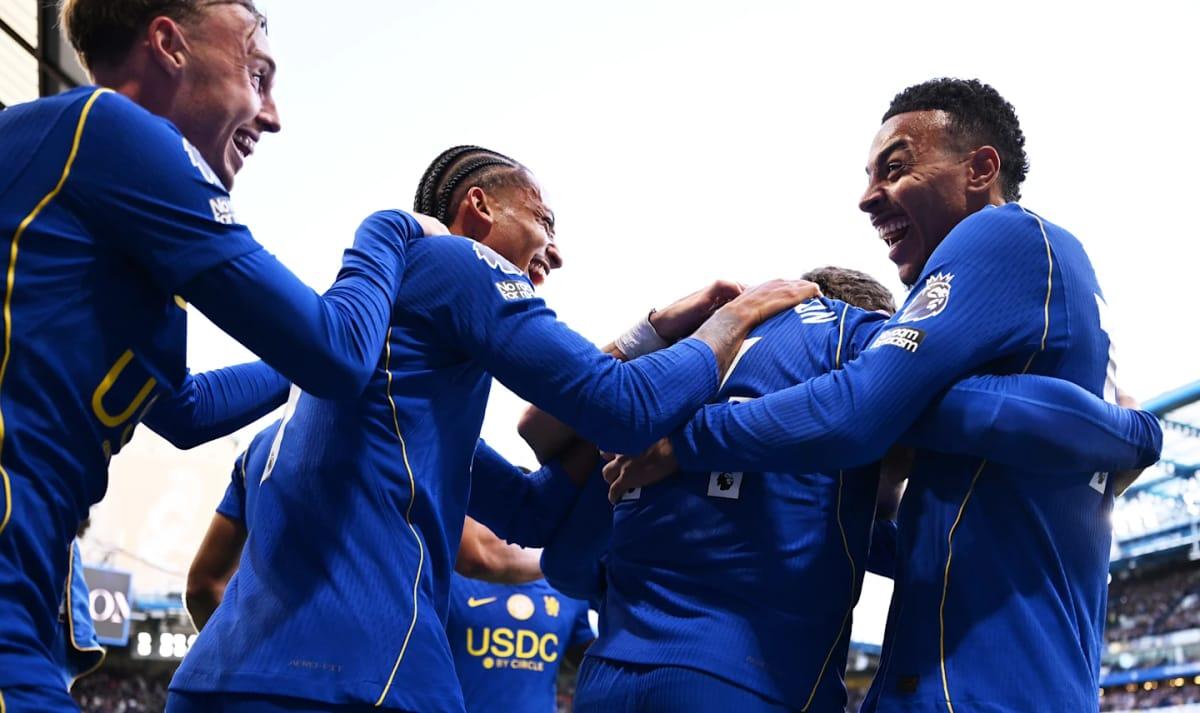 Chelsea players celebrating a goal during their emphatic 5-1 win over Bournemouth at Stamford Bridge.