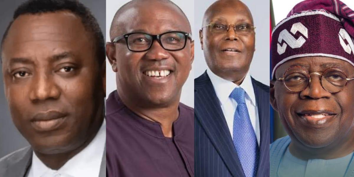 A collage featuring prominent Nigerian political figures: Omoyele Sowore, Peter Obi, Atiku Abubakar, and President Bola Tinubu.