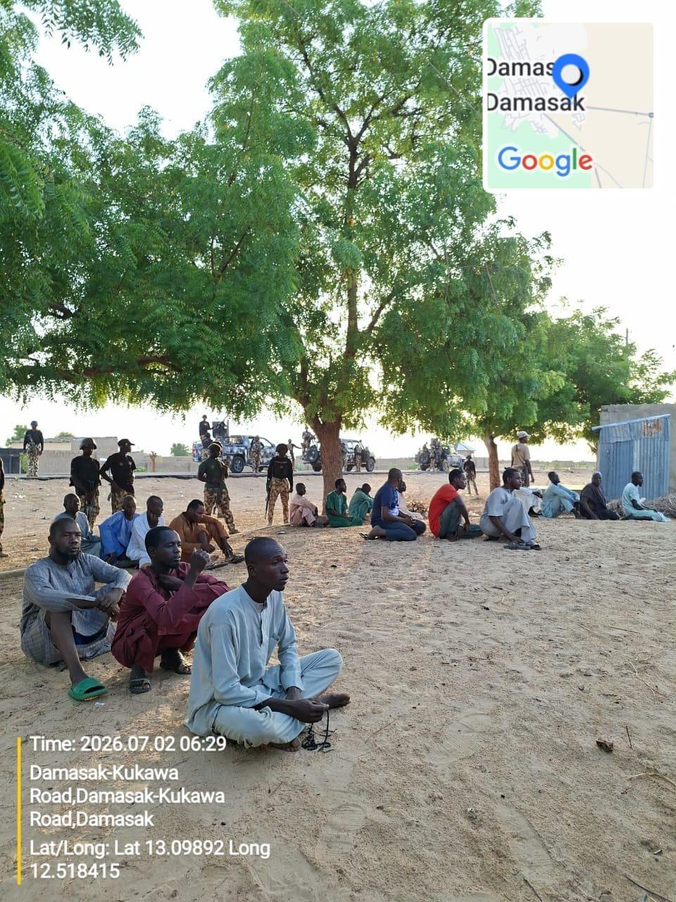 Individuals apprehended by troops in Damasak, Borno, on suspicion of aiding terrorist groups.