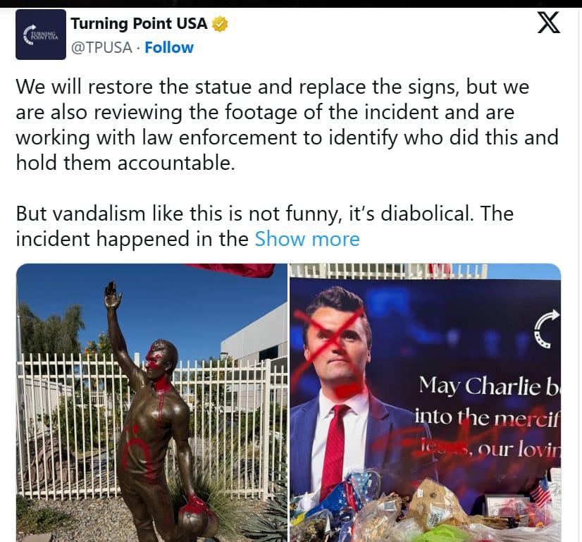A general view of the defaced Charlie Kirk statue and memorial sign.