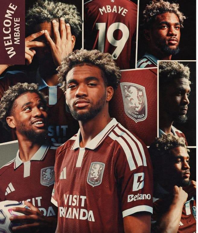 A thrilled Ibrahim Mbaye showcasing the Aston Villa jersey after becoming the club's latest signing.