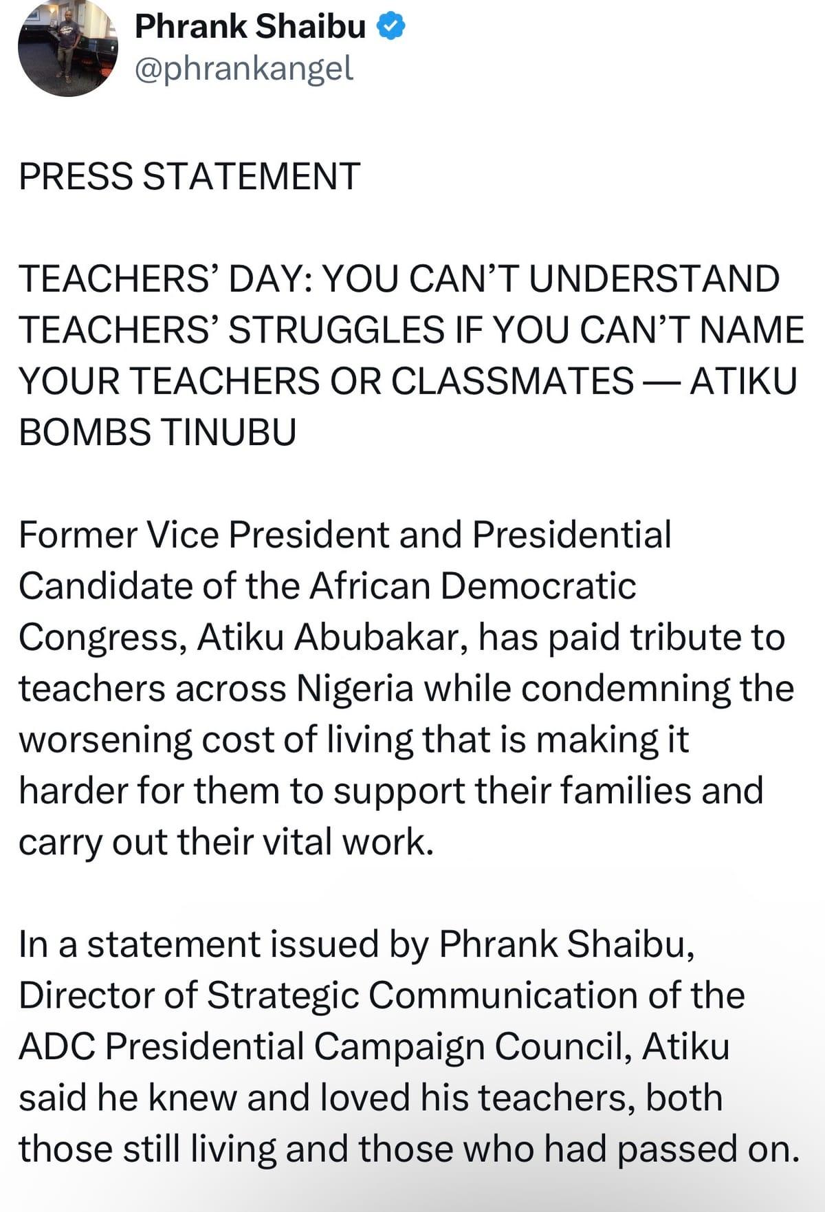 Atiku Blasts Tinubu: Empathy for Teachers Requires Recalling Your Own