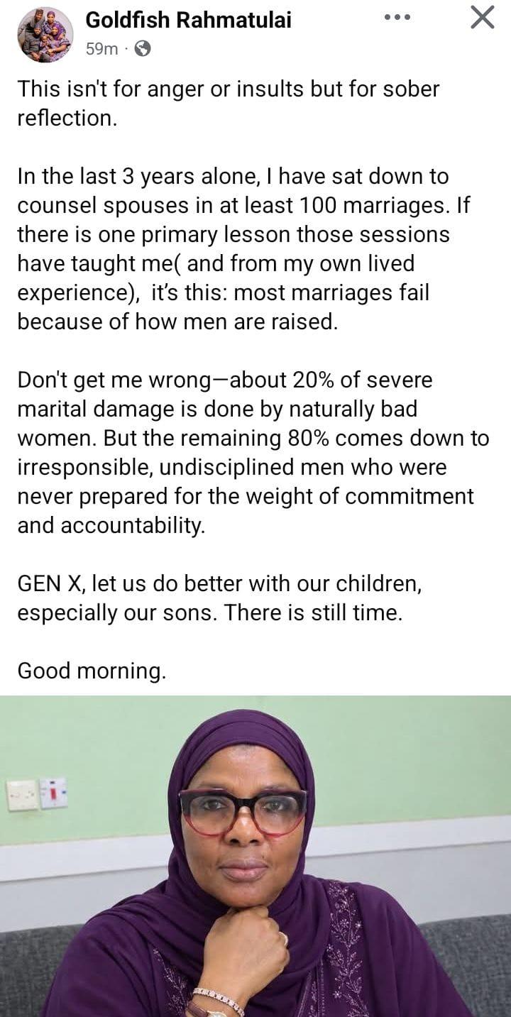 Ilavbare Goldfish Rahmatulai, a Nigerian lawyer, shares her professional observations on the high rate of marriage failures.