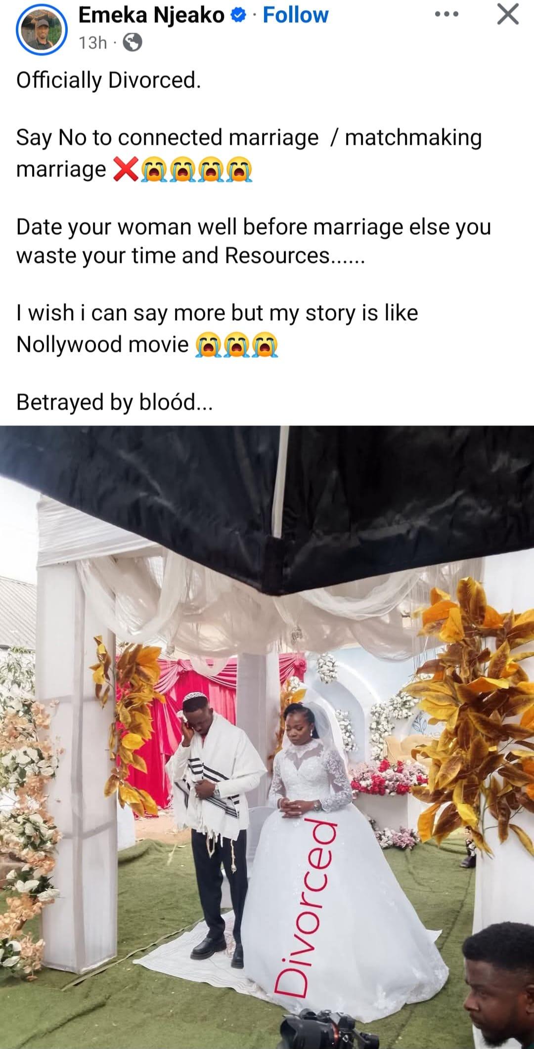 Emeka Njeako, the man who announced his divorce months after his wedding, shown in a wedding photograph.