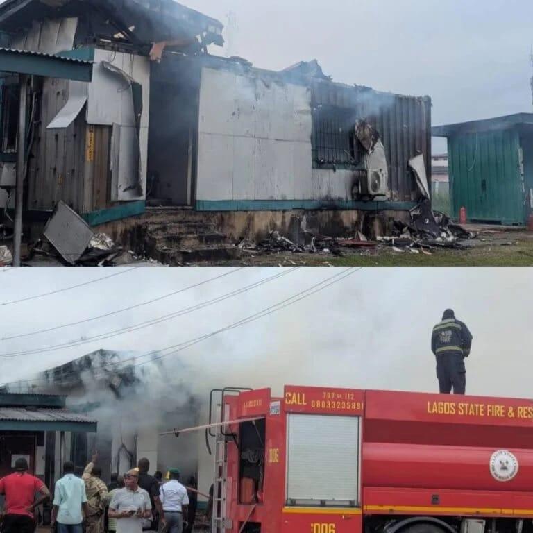 Firefighters from the Lagos State Fire and Rescue Service at the scene of the blaze at the Customs office.