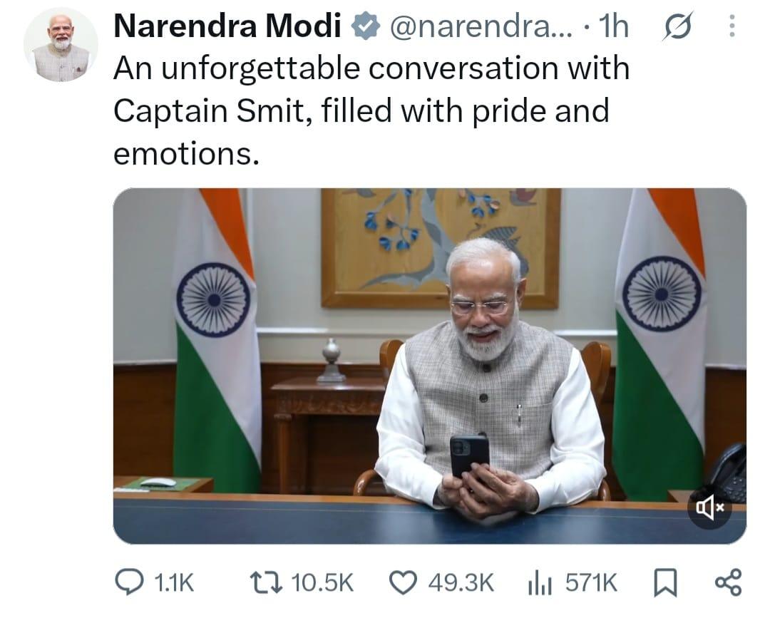 Indian Prime Minister Narendra Modi's tweet about Captain Smit Machchhar's bravery.