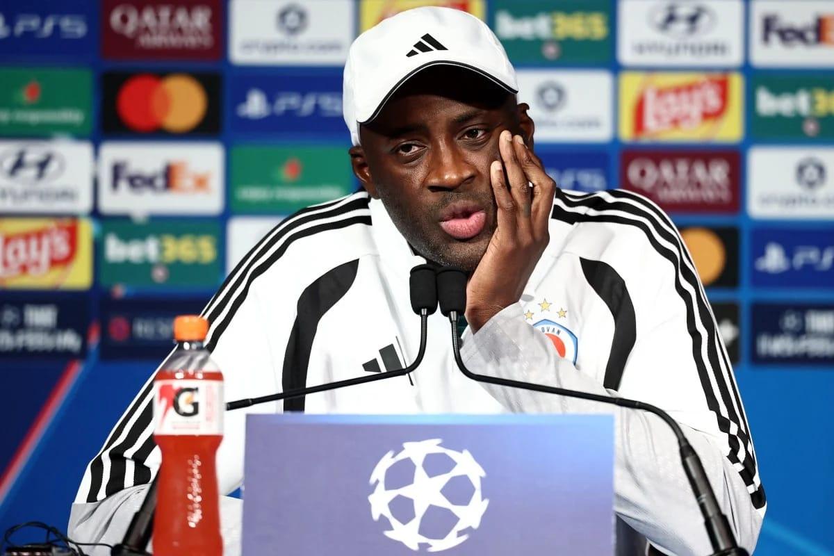 Slovan Bratislava's head coach Yaya Toure speaks to the media at the Parc des Princes in Paris, ahead of their Champions League match against Paris Saint-Germain on September 8, 2026.