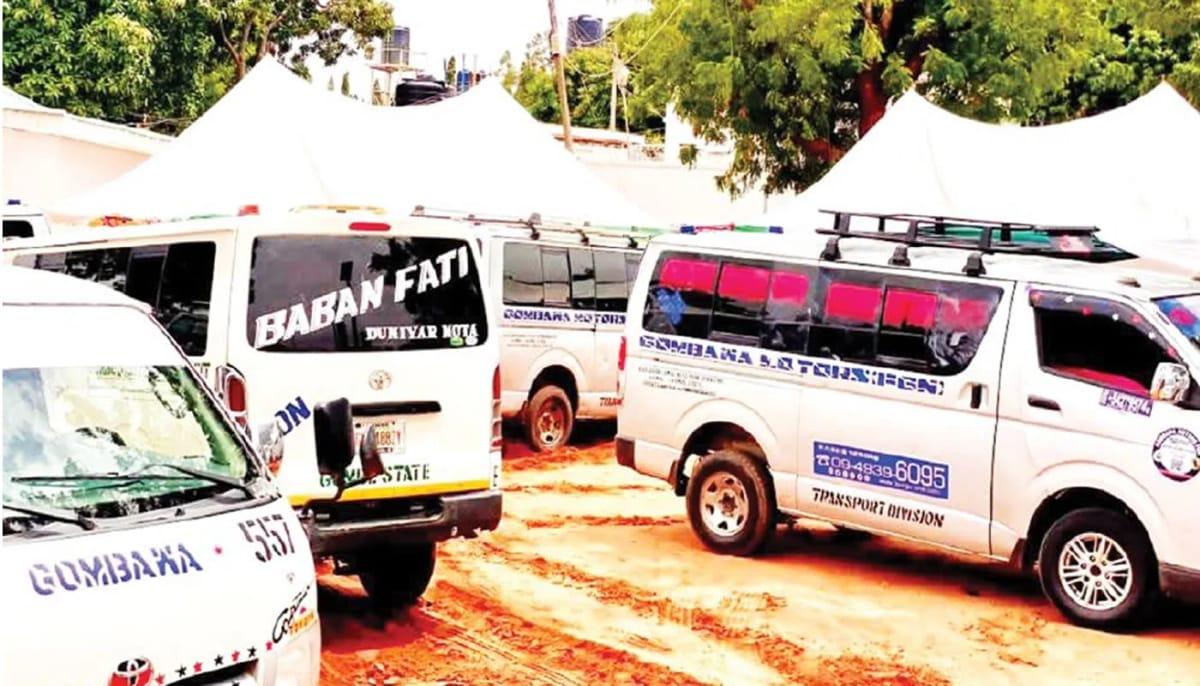 A fleet of Gombawa Motors buses, the company at the center of the Gombe park dispute.
