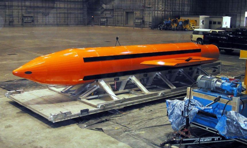 A Massive Ordnance Air Blast Bomb (MOAB) weapon displayed at Eglin Air Force Base, Florida, on March 11, 2003.