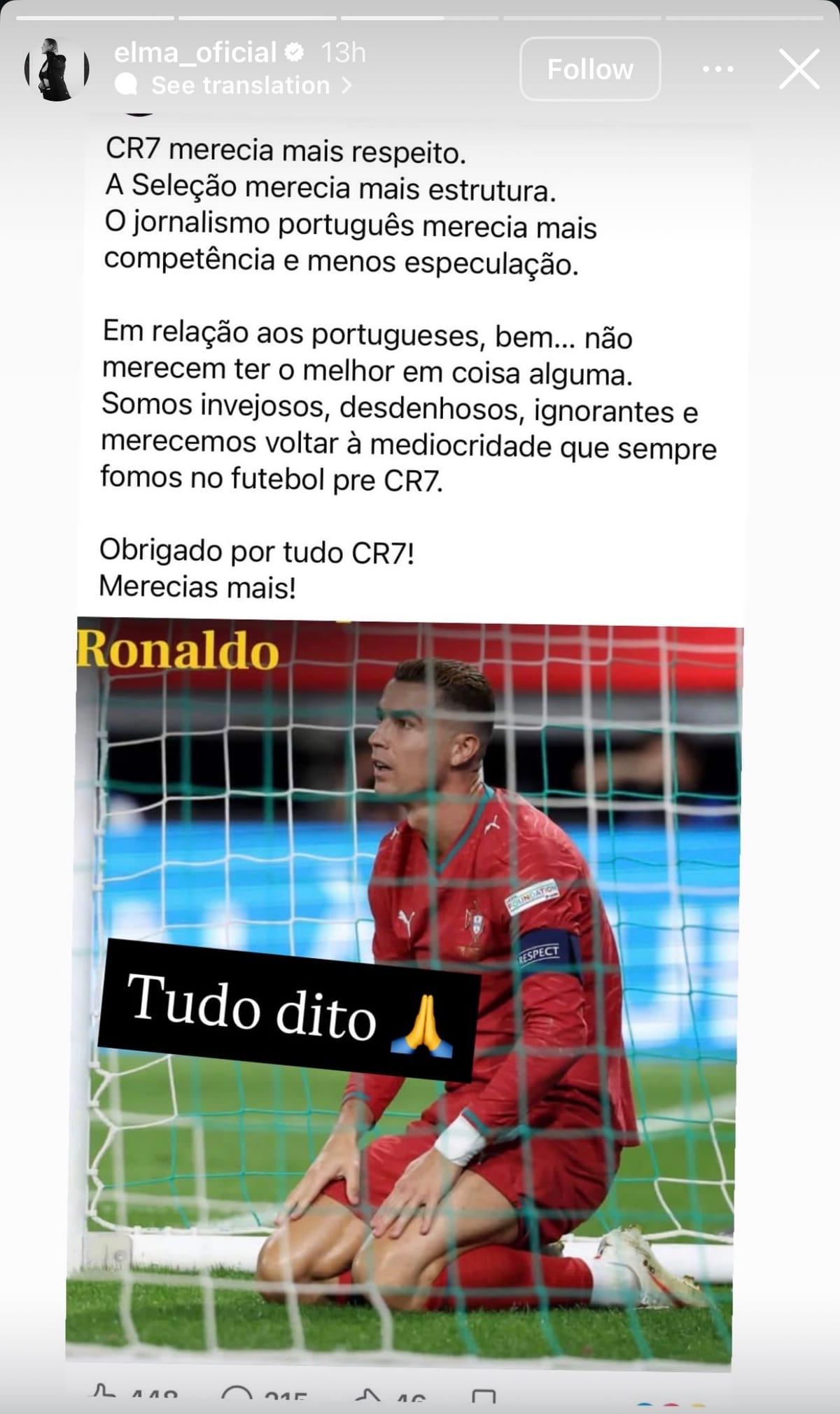 Elma Aveiro, sister of Cristiano Ronaldo, captured in a moment of public expression.