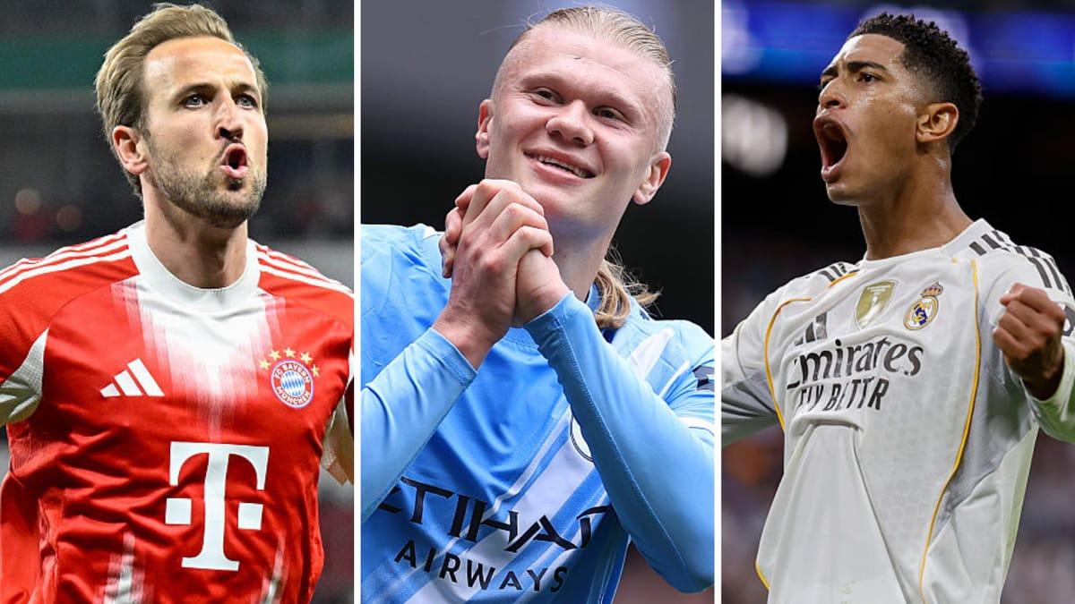 A composite image featuring football stars Harry Kane, Erling Haaland, and Jude Bellingham.