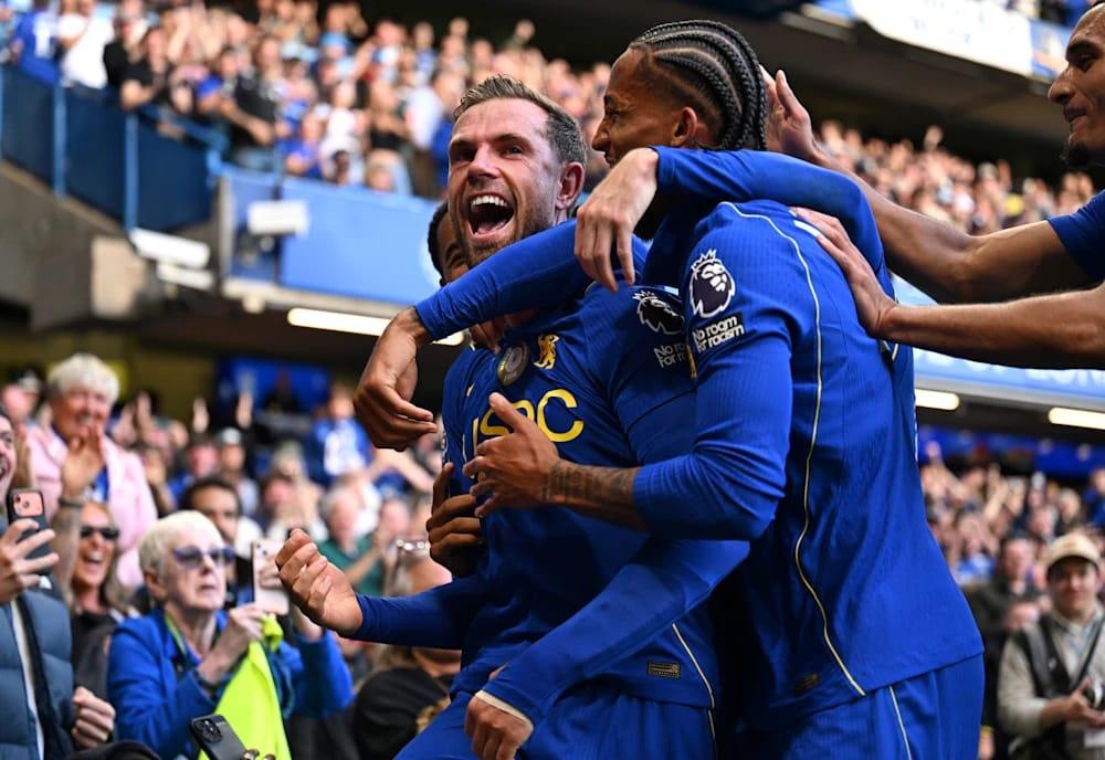 Chelsea players celebrate a goal against Bournemouth in their dominant 5-1 Premier League win.