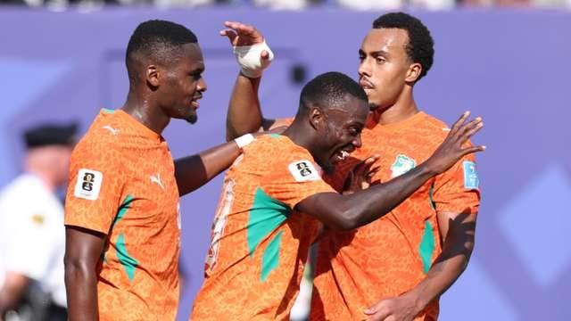 Nicolas Pepe celebrating a goal for Ivory Coast during their historic World Cup victory against Curacao in Philadelphia.