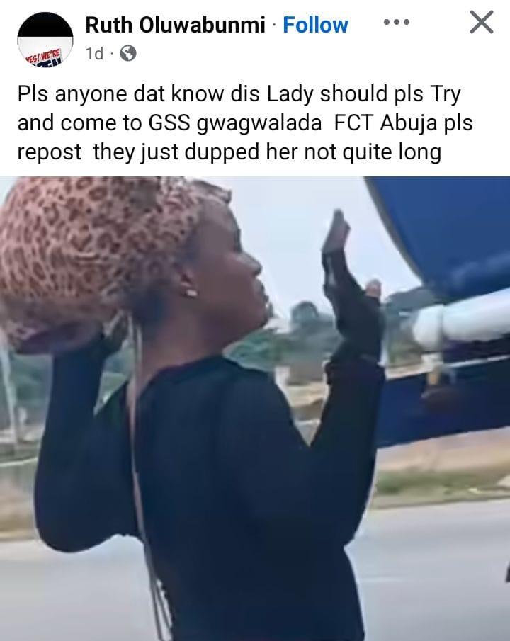 Another frame from the video, capturing the woman in a state of disorientation on an Abuja road.